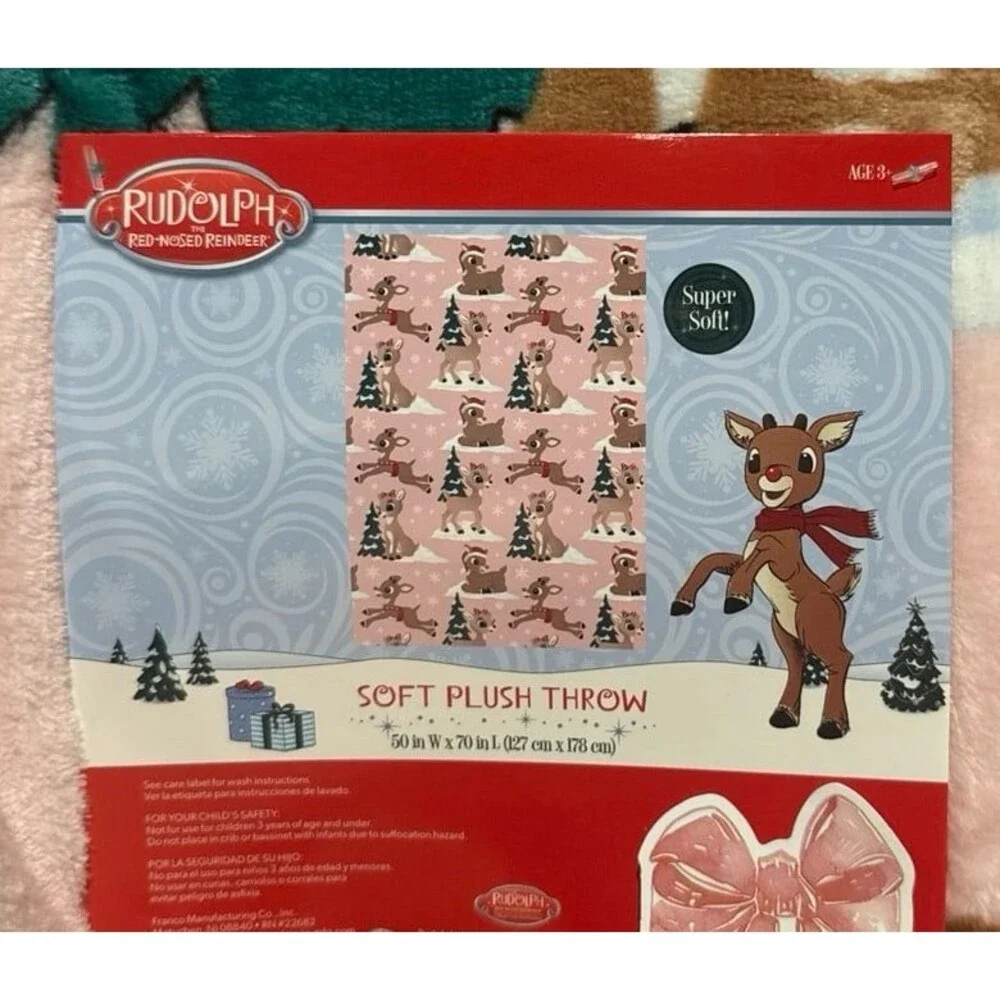 NEW PINK Christmas Rudolph the Red-Nosed Reindeer Blanket